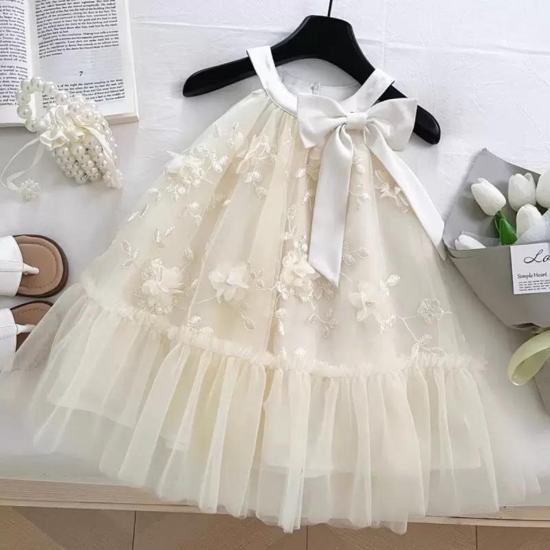 ノースリーブ メッシュ花柄 ワンピース キッズ 女の子 春夏 韓国風 おしゃれ ポリエステル素材 Aライン 杏色 3歳 8歳 100cm 140cm対応