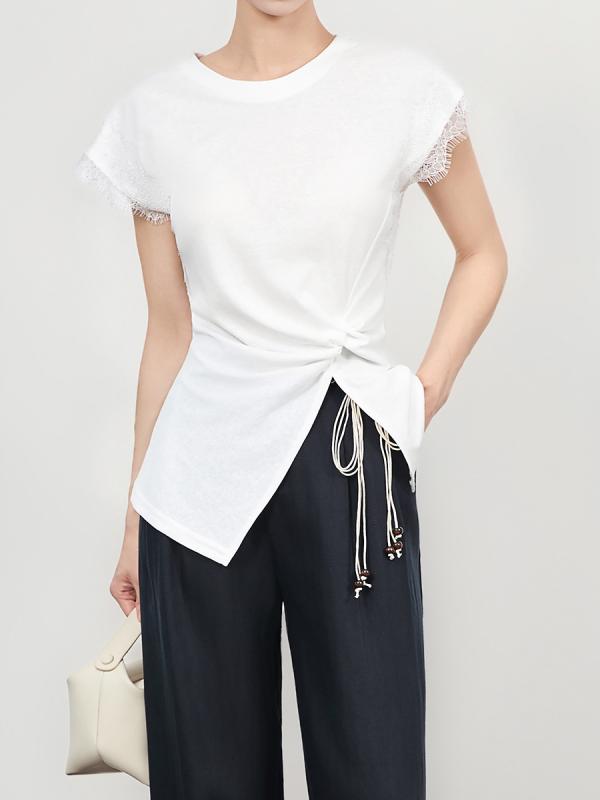 Tシャツ レディース レース切り替え プリーツ ウエストマーク 着痩せ効果 スタイルアップ 個性的なデザイン 半袖 ラウンドネック コットン 通勤 オフィス フレンチスタイル エレガント