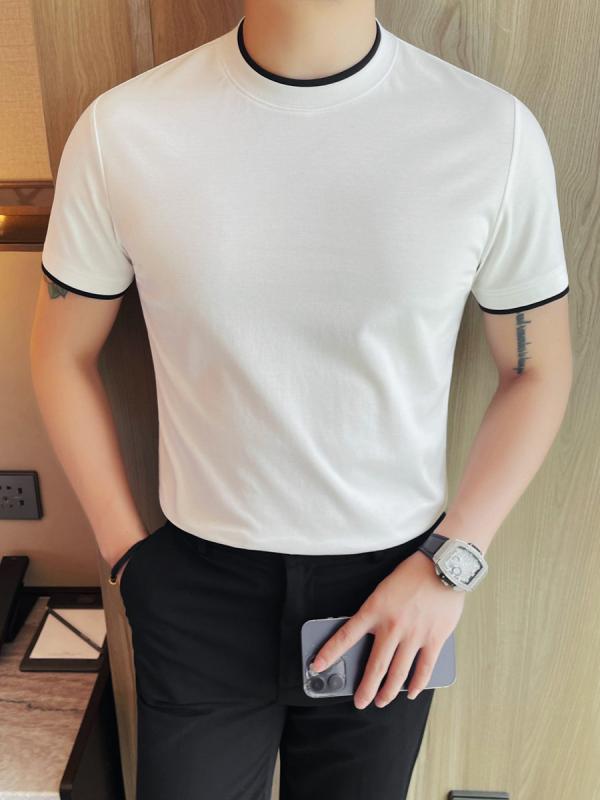 Tシャツ メンズ 高伸縮 ストレッチ フェイクレイヤード 重ね着風 半袖 スリムフィット 細身 配色切り替え バイカラー クルーネック 丸首 綿混 コットンブレンド 韓国風 カジュアル 無地 おしゃれ 着回し抜群 夏物