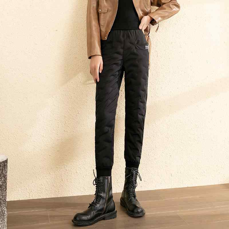 パンツ レディース 軽量 防寒 あったか 細見え ハイウエスト スリムフィット 裾絞り テーパード ハーレムパンツ 外着用 カジュアル おしゃれ ダウンパンツ 秋冬 黒色