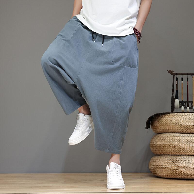 カジュアルパンツ メンズ ワイドパンツ 春夏 薄手 軽量 綿混 中国風 ドロップクロッチ サルエル ゆったり 大きいサイズ 九分丈 アンクル丈 部屋着 リラックス ボトムス