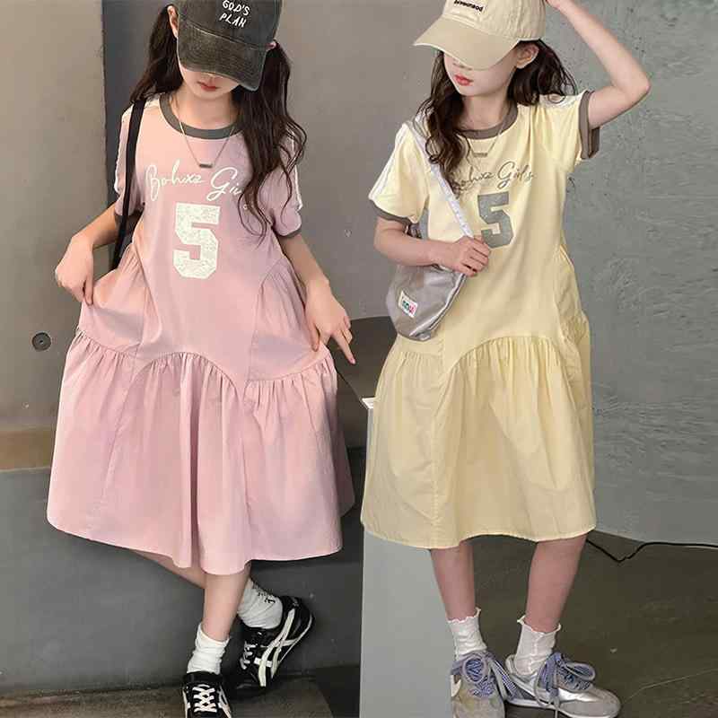ワンピース 女の子 ジュニア フレンチスタイル 上品 プリンセスドレス 薄手 夏服 韓国風 かわいい コットン素材 Aライン フレア ピンク イエロー