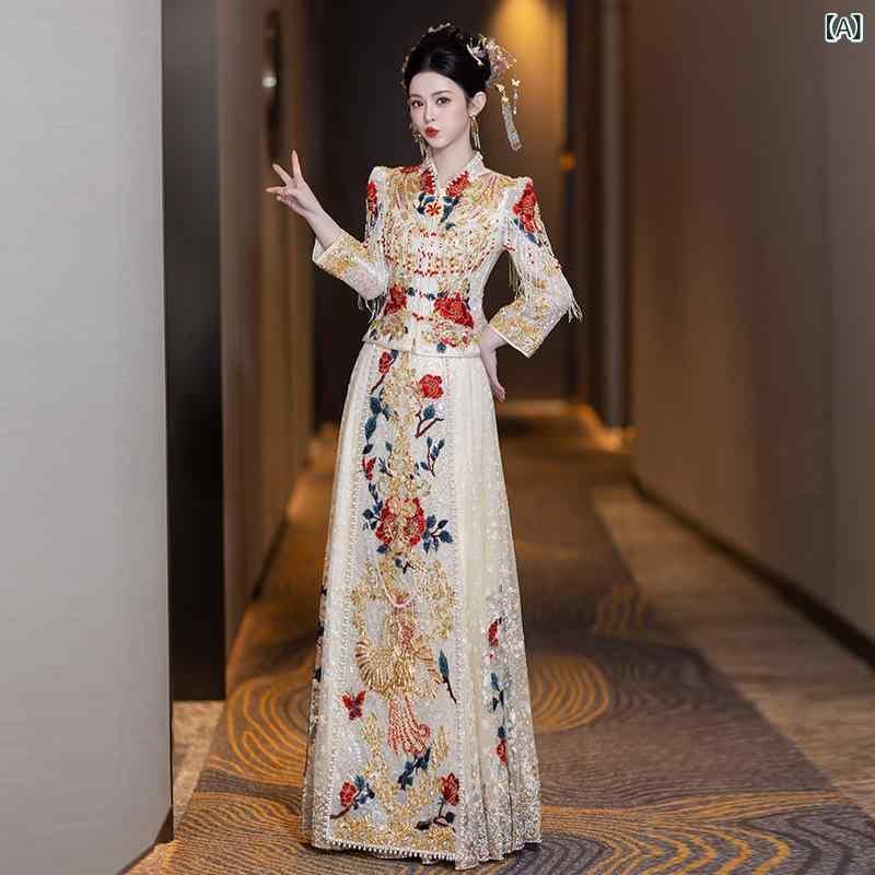 チャイナドレス レディース 結婚式 披露宴 敬酒服 お呼ばれ ウェディングドレス 花嫁 二次会 刺繍 立体装飾 高級感 体型カバー スリム 立ち襟 九分袖 フォーマル レッド 赤 ロング丈 春夏｜セキュアデポ