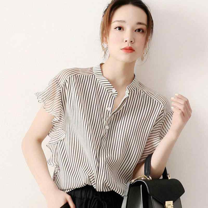 シャツ レディース 女性用 着回し 快適 シフォン ポリエステル 半袖 丸首 ラウンドネック ストライプ柄 エレガント きれいめ オフィス 通勤 OL風 切り替え ブラウス