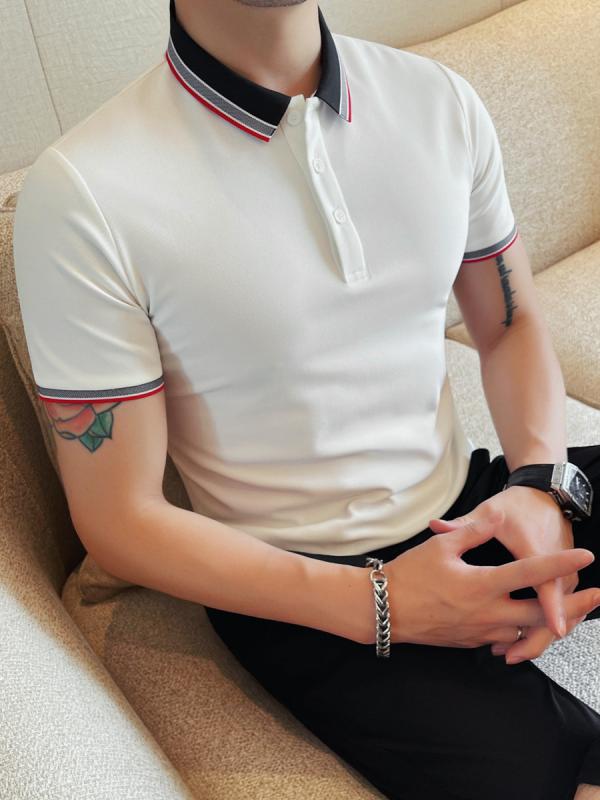 ポロシャツ メンズ 切り替え襟 半袖 Tシャツ インナー スリムフィット ストレッチ 高弾力 大人カジュアル 春夏 ポリエステル素材 部屋着 ブラック ホワイト