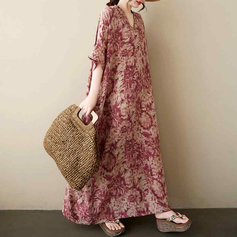 ワンピース レディース 女性用 Vネック 綿麻 プリント ロング丈 大きいサイズ ゆったり 体型カバー ボヘミアン 幾何学柄 フリル袖 ポケット付き カジュアル きれいめ 通勤 春夏 ローズレッド