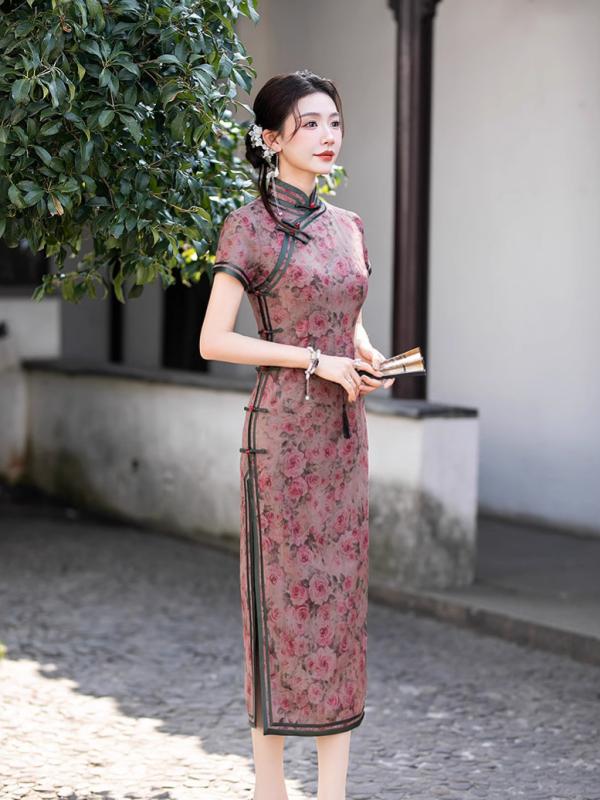 ワンピース レディース 半袖 ロング丈 改良チャイナドレス 微ストレッチ 春夏 小花柄 レトロ 香港風 デイリーユース 上品 スタンドカラー 斜め襟 5,974円