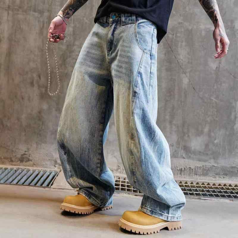 デニムパンツ メンズ ジーンズ バナナシルエット ワイド ヘビーウェイト ウォッシュ加工 ヴィンテージ加工 ゆったり ルーズ アメリカンカジュアル レトロ 着回し 春夏