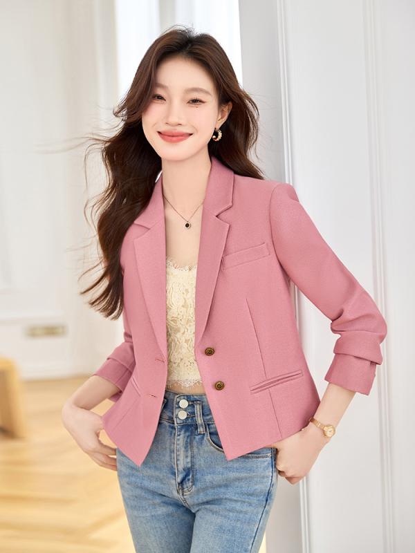 ジャケット レディース 形態安定 ショート丈 1つボタン テーラードカラー 長袖 ピンク 春夏 通勤 オフィス カジュアル 上品 セレブ風 小柄 低身長向け ポリエステル素材