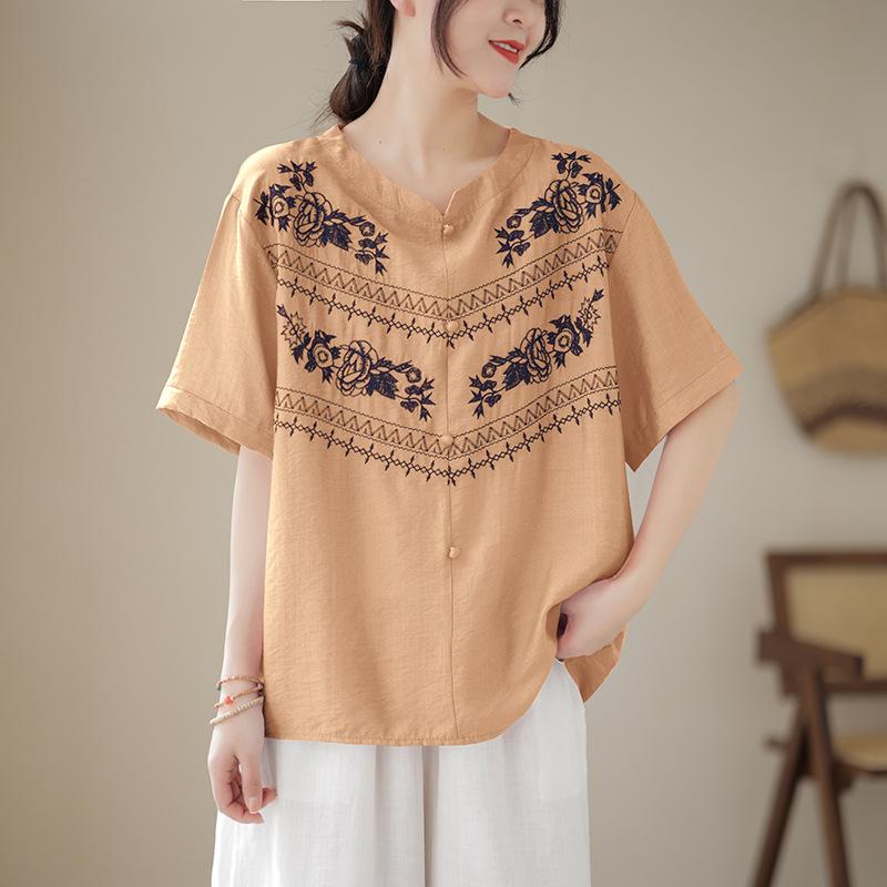 ブラウス レディース 半袖 刺繍 プリント柄 ラウンドネック ゆったり 薄手 綿麻混 レトロ きれいめ 通勤 オフィス カジュアル