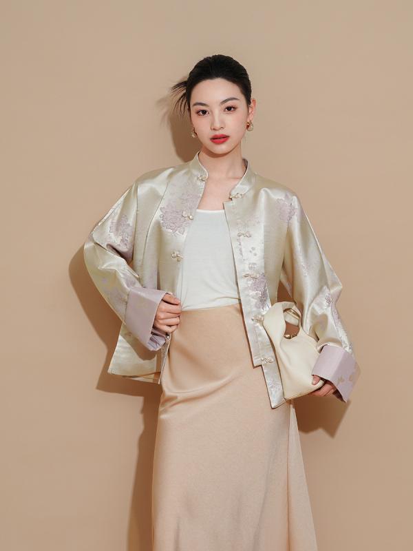 カーディガン レディース 春夏 アセテート生地 清涼感 さらさら 新中華風 オリエンタル レトロ ジャガード織り 開襟 スタンドカラー チャイナボタン ゆったり 羽織り 体型カバー 上品 ラベンダーパープル きれいめ