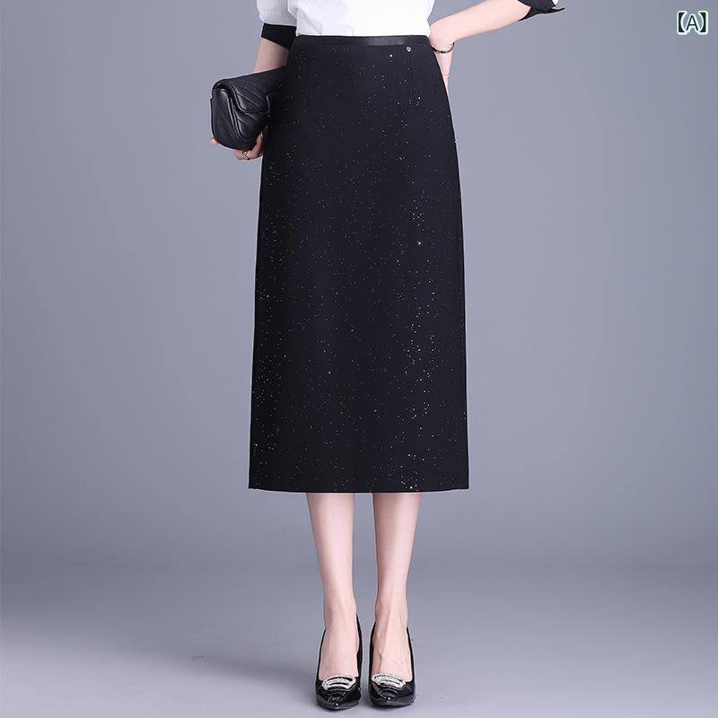 ロングスカート レディース ミディ丈 ミモレ丈 スパンコール タイトストレート Iライン ハイウエスト スリット 春夏 エレガント きれいめ 上品 通勤 オフィス ブラック ポリエステル