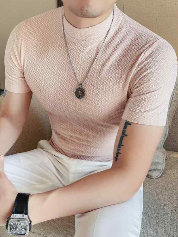 Tシャツ メンズ インナー ストレッチ スリムフィット 夏 薄手 波柄 ジャガード 半袖 クルーネック 大人カジュアル トレンド 切り替えデザイン ポリエステル混紡素材