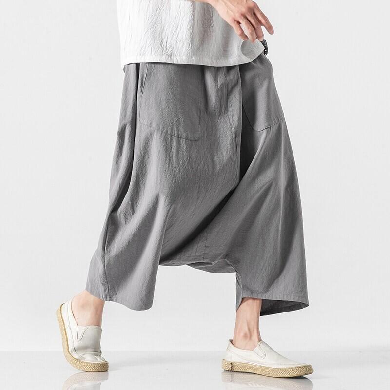 カジュアルパンツ メンズ 薄手 綿麻 ノンストレッチ ゆったり 大きいサイズ アンクル丈 サルエル ワイドパンツ 日系レトロ 無地 夏 ポケット付き