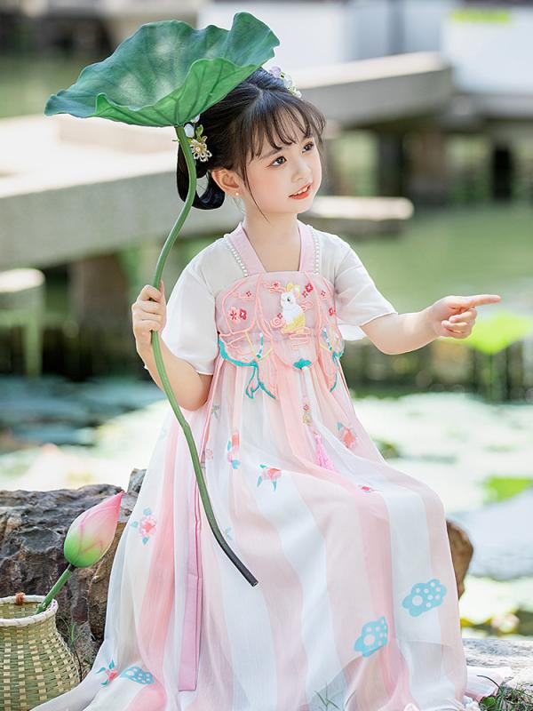 ワンピース 女の子 キッズ 中国風 漢服 襦裙 月うさぎ 刺繍 かわいい おしゃれ レトロ シフォン 柔らか素材 プリンセス 切り替え 春夏
