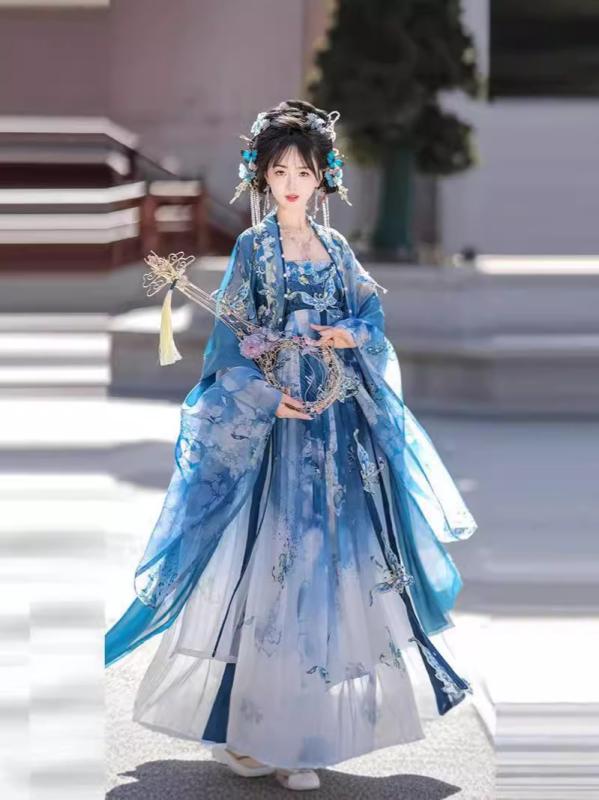 漢服 レディース 唐装 磁器皿美人 豪華刺繍 仙女風 斉胸 ハイウエスト プリーツスカート 襦裙 ドレス 広袖 優雅 エレガント ポリエステル オールシーズン 発表会 舞台衣装 イベント