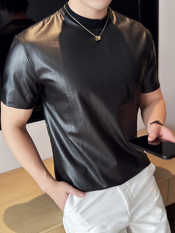 Tシャツ メンズ 光沢 ストライプ コーティング加工 スリムフィット 半袖 クルーネック 大人カジュアル 薄手 ポリエステル素材 色落ち防止 若者向け 普段着 タウンユース 黒 アプリコット