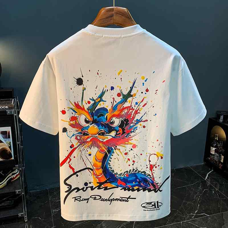 Tシャツ メンズ 春夏 ストリート カジュアル らくがき カラフルプリント ゆったり オーバーサイズ 薄手 軽量 半袖 五分袖 高級感 トップス