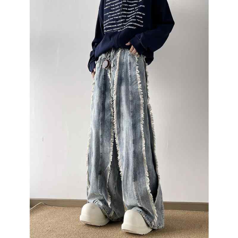 デニムパンツ メンズ 男性用 春 アメカジ 切り替え フリンジ ダメージ加工 ゆったり ルーズ 丈長 フルレングス フレア ワイド ジーンズ