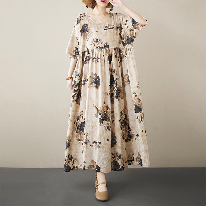 ワンピース レディース ミセス ママ 春夏 森ガール 半袖プルオーバー ラウンドネック ゆったりAライン 花柄 リネン素材 接触冷感 大きいサイズ 体型カバー お出かけ カジュアル