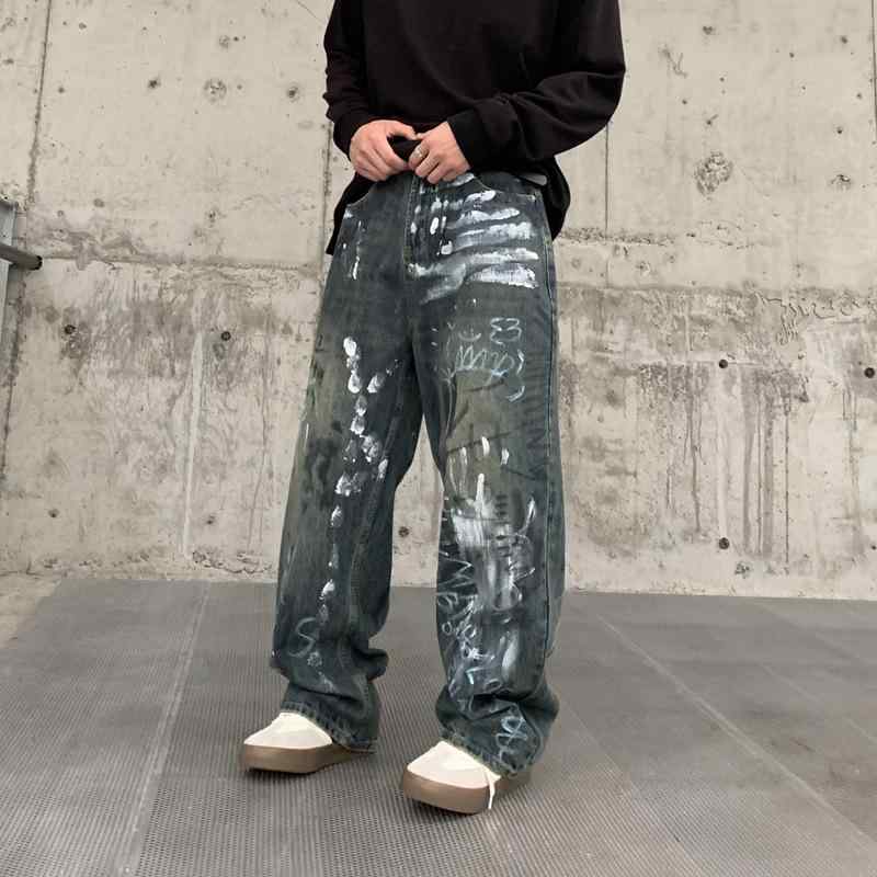 デニムパンツ メンズ ゆったり 落ち感 ワイド ストレート 手描き柄 トレンド ストリート系 高級感 カジュアル ブルー 春夏 コットン 綿混 普段使い デイリーユース