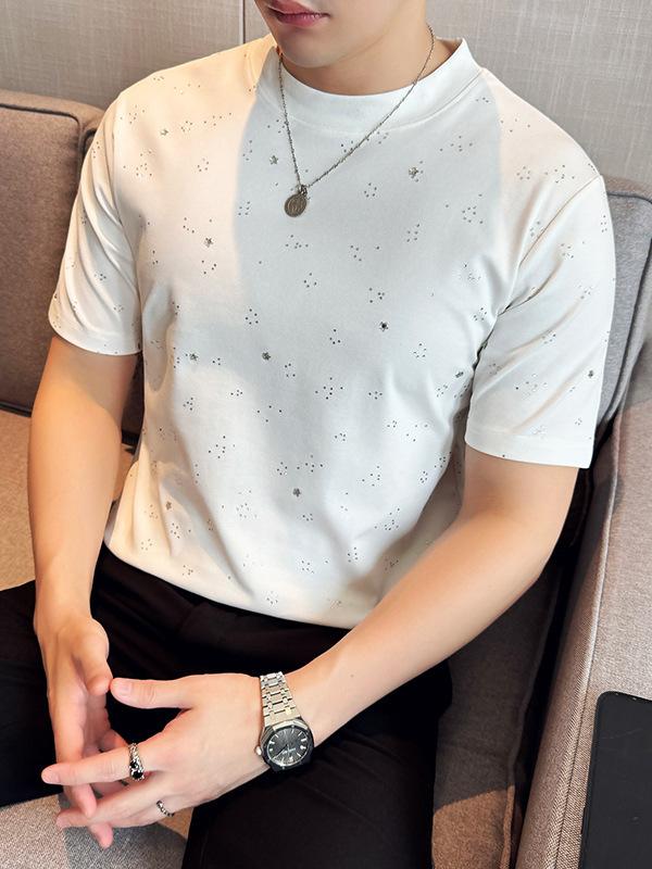Tシャツ メンズ 男性用 高級感 夏 薄手 おしゃれ ラインストーン キラキラ 半袖 丸首 クルーネック ストレッチ 伸縮性 スリム 細身 クール カジュアル 韓国ファッション 普段使い 綿混素材