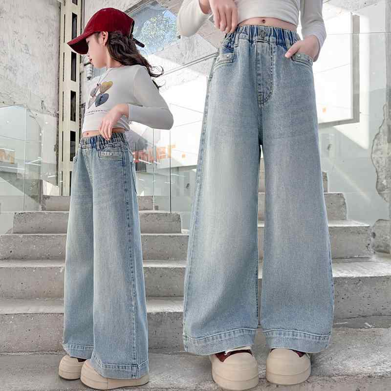 デニムパンツ 女の子 キッズ ジュニア 春 ストレート ワイド カジュアル スポーツ 通学 ロング ウエストゴム 柔らかい 綿素材 無地
