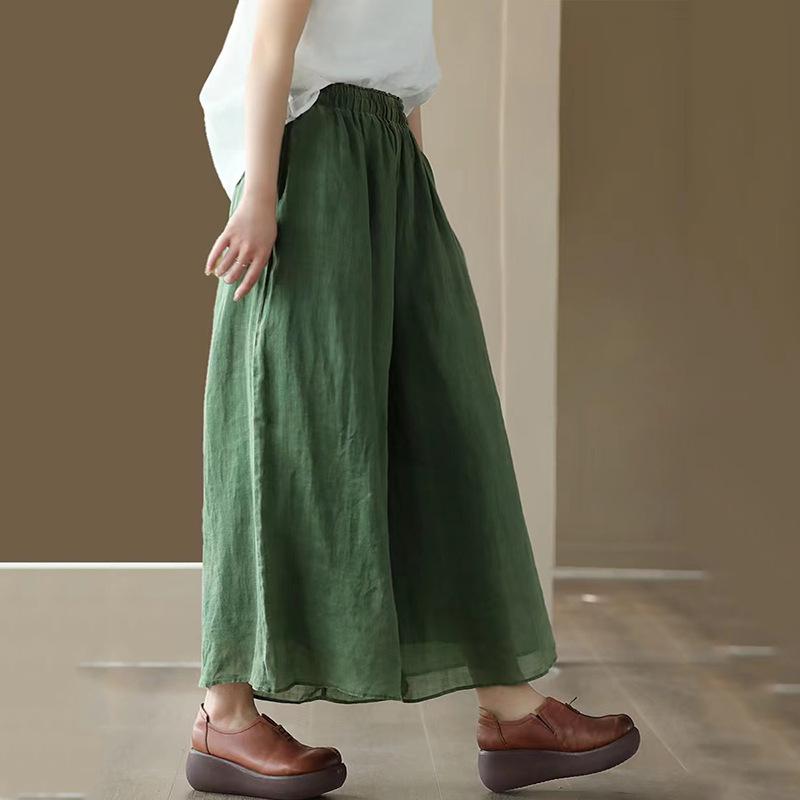 カジュアルパンツ レディース ハイウエスト ゆったり 着痩せ効果 ラミー コットン混 無地 二重構造 ワイドストレート 9分丈 ポケット付き 春夏 リラックス 体型カバー