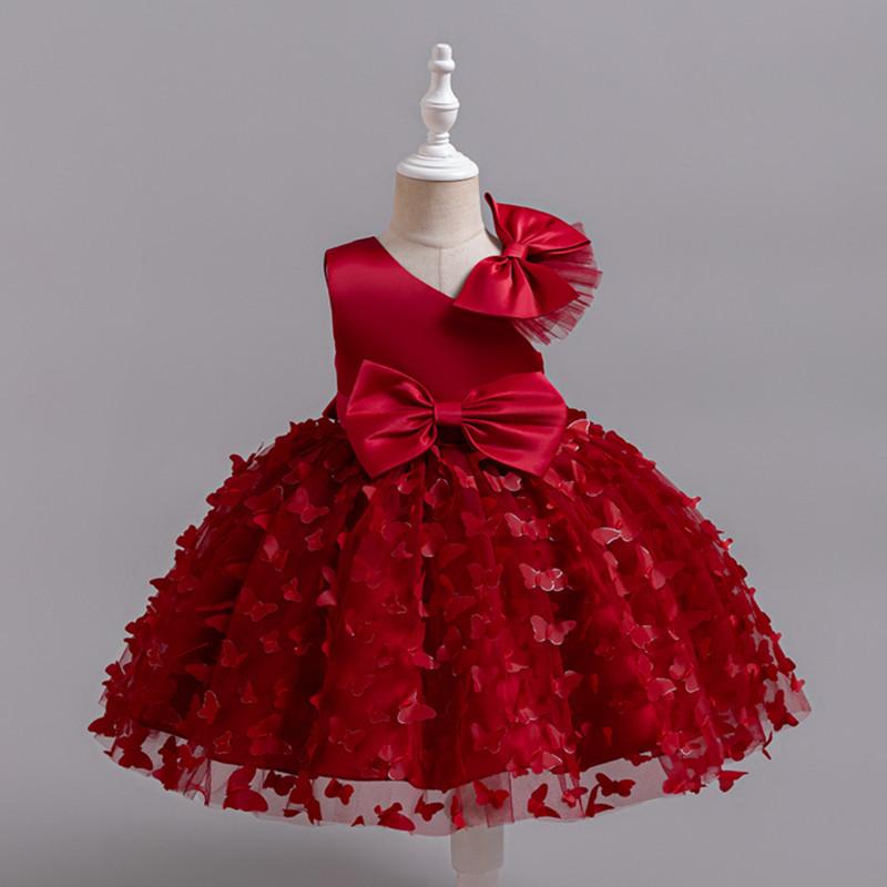 キッズ 女の子 プリンセスドレス ワンピース ふんわり チュール 蝶々飾り 結婚式 発表会 誕生日 七五三 フォーマル パーティー サテン ポリエステル 綿 裏地 オールシーズン レッド シャンパン パープル