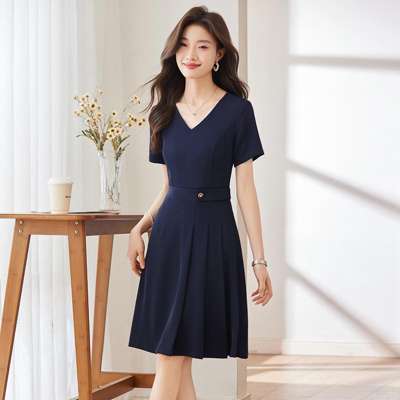 ワンピース レディース 春夏 着痩せ効果 Vネック 半袖 Aライン ミディ丈 制服 ユニフォーム 美容師 宝飾店 受付 オフィス 通勤服 ポリエステル 無地