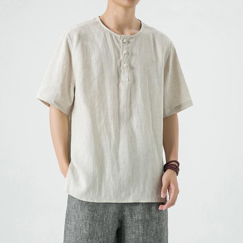 Tシャツ メンズ 半袖 春夏 中国風 チャイナ服 唐装 レトロ 綿麻 リネン素材 丸首 無地 ゆったり オーバーサイズ ビッグシルエット 日常着 普段着 カジュアル 薄手 リラックスウェア