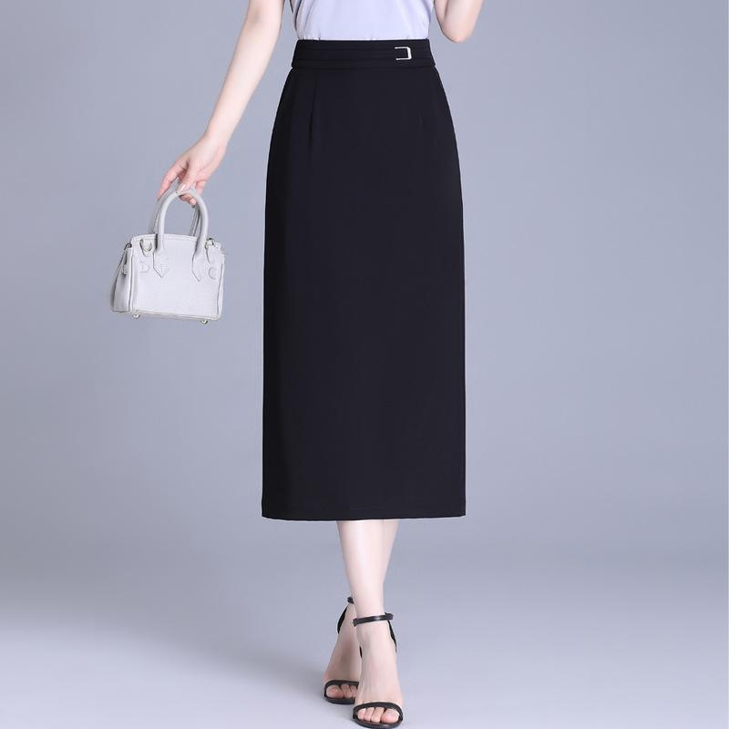 スカート レディース ロング丈 シンプル タイト ストレート ハイウエスト バック スリット 通勤 オフィス きれいめ 上品 ポリエステル 微ストレッチ ブラック