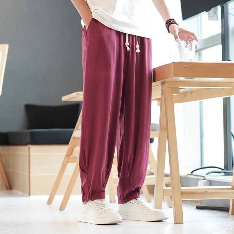 パンツ メンズ 男性用 接触冷感 吸汗速乾 薄手 春夏 綿麻 中国風 エスニック 大きいサイズ ゆったり ハーレム ワイド ストレート ロング丈 ドローストリング 部屋着 カジュアル リラックス