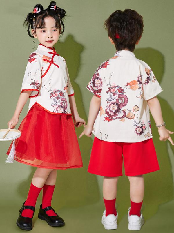 キッズ 子供 ダンス衣装 ユニセックス 小学生 園児 合唱 発表会 運動会 開会式 チアリーディング パフォーマンスウェア 中国舞 中国風 漢服 プリント ポリエステル 夏用