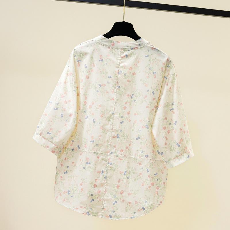 ブラウス レディース 春夏 ドール風 ゆったり 上品 カジュアル 通勤 オフィス ラウンドネック 丸首 小花柄 花柄 綿麻 コットンリネン 五分袖 フリルスリーブ 体型カバー 大人可愛い