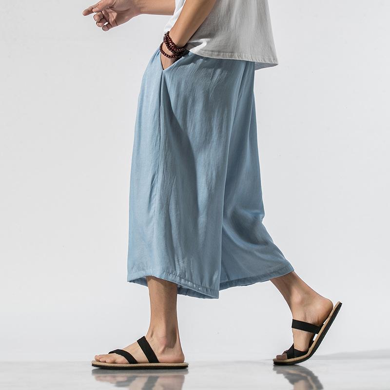 メンズ パンツ 軽量 薄手 通気性 洗濯機洗い可 ノンストレッチ ビッグサイズ ゆったり 七分丈 クロップド デニム チャイナ風 サルエルワイドパンツ カジュアル 日系 和風 普段着 白 孔雀青 水色