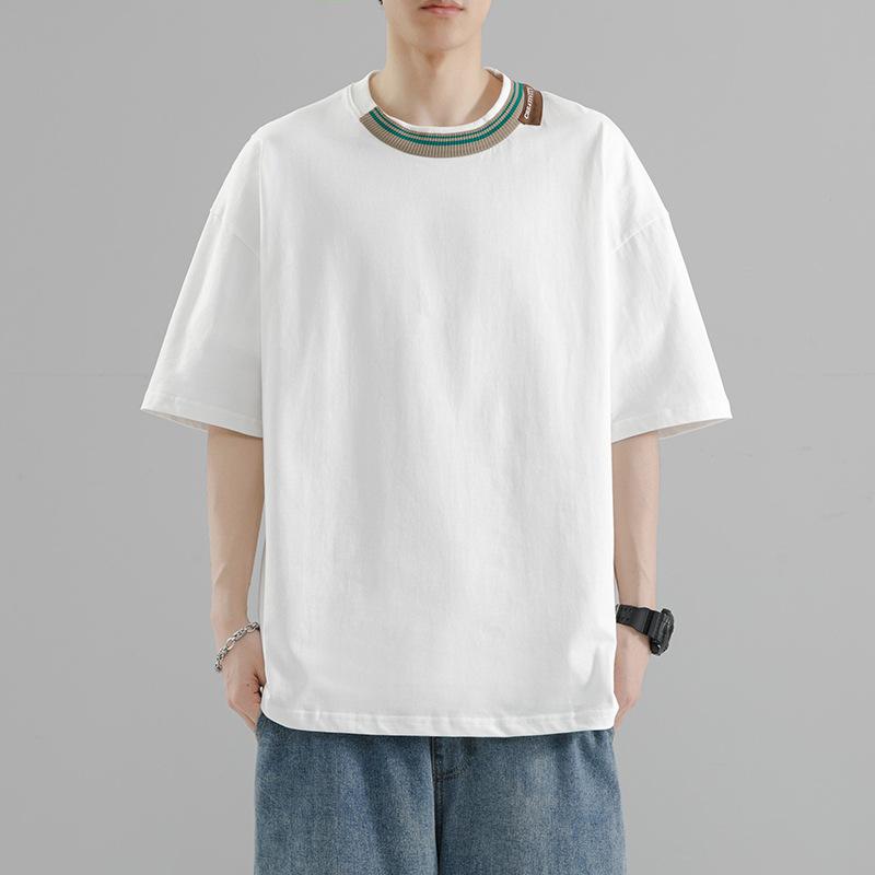Tシャツ メンズ 綿100% 半袖 厚手 ゆったり ルーズフィット クルーネック 無地 ストリート系 韓国ファッション 通気性抜群 白 黒 茶 カーキ 普段着 春夏