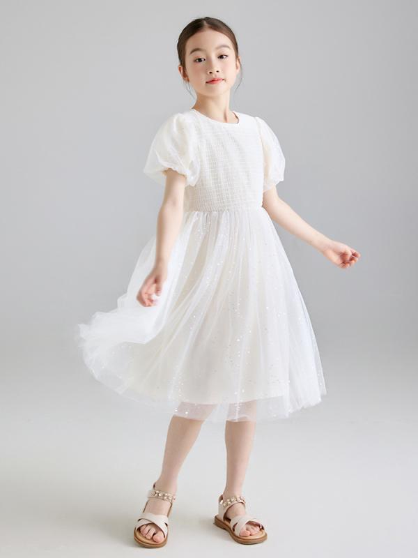 キッズ 女の子 ワンピース パフスリーブ プリンセスドレス チュール ボリュームスカート 春夏 発表会 誕生日 フォーマル 結婚式 パーティ 華やか ジュニア 120cm 170cm アイボリー