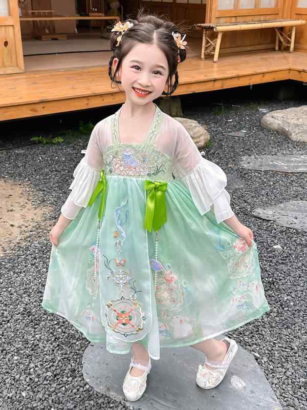 漢服 キッズ 女の子 春夏 柔らかい肌触り うさぎ プリンセスドレス レトロ 中国風 花柄 切り替えデザイン かわいい チュール シフォン素材 ピンク グリーン