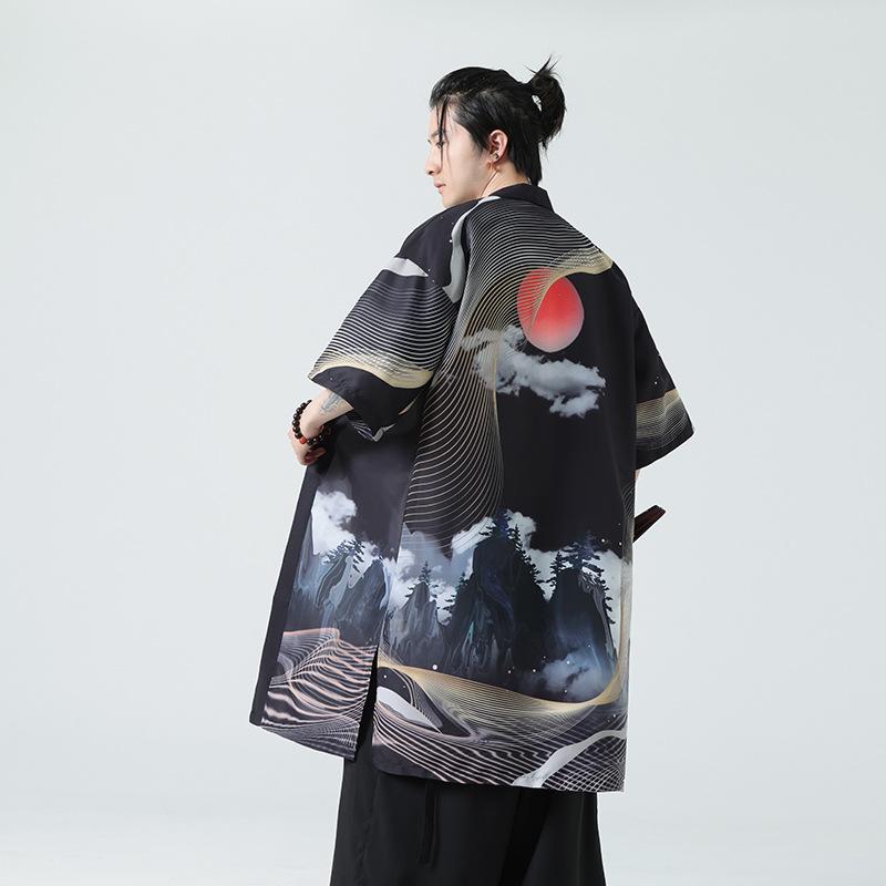 カーディガン メンズ 中国風 軽量 薄手 ロング丈 プリント柄 ゆったり ルーズ ビッグサイズ 漢服風 羽織り 春夏 カジュアル ポリエステル素材