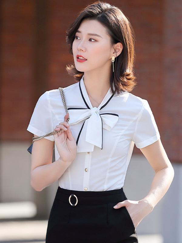 シャツ レディース 白 半袖 薄手 シフォン ブラウス ノンアイロン 形態安定 ストレッチ オフィス ワーク 制服 通勤 エレガント 上品 スリムフィット スカーフカラー 大きいサイズ 春夏