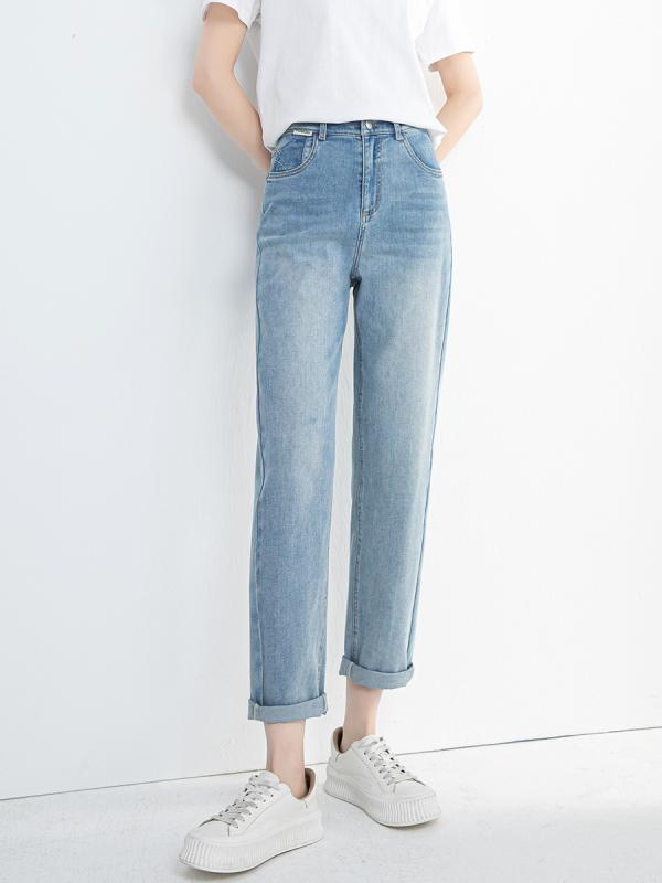 デニムパンツ レディース 春夏 薄手 高ストレッチ ゆったり 着痩せ 脚長効果 ハイウエスト ロールアップ 刺・墸 ライトブルー ストレートパンツ