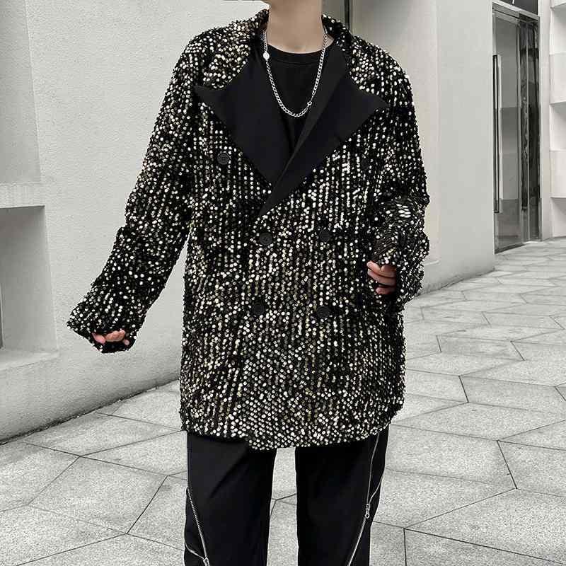 メンズ 上衣 高座 お召しもの 監督 スパンコール ダブル乳ぶさ ゆったり 気が大きい大きさ 鍵を掛ける ナイト爵一こま 寄りあい 社交ダンス ポリエステル 黒いこと ゴールド