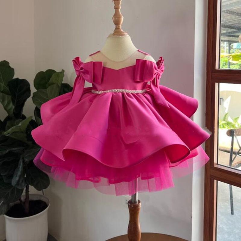 ドレス 女の子 サテン プリンセス ボリューム ふわふわ フラワーガール 発表会 結婚式 フォーマル ポリエステル 通年 キッズ 子供 白 ローズピンク