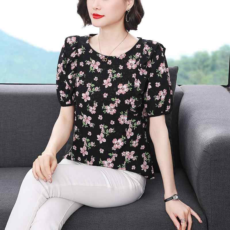 Tシャツ レディース 春夏 丸首 花柄プリント 大きいサイズ ゆったり 半袖 シフォン素材 プルオーバー 大人カジュアル ポリエステル メロウフリル