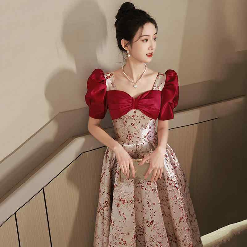 ロングワンピース レディース ワインレッド 結婚式 披露宴 お呼ばれ パーティー 二次会 顔合わせ 結納 フォーマル 花嫁 お色直し ブライズメイド Aライン ハイウエスト 半袖 レースアップ 上品 高級感 マキシ丈