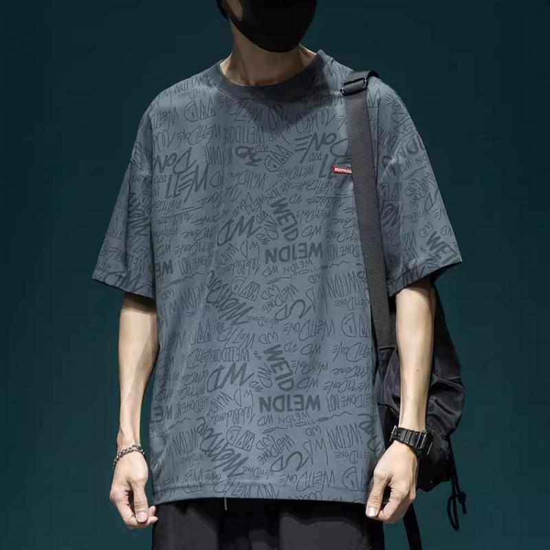 Tシャツ メンズ 男性用 接触冷感 半袖 薄手 抗菌機能 春夏 ゆったり ルーズフィット 大きいサイズ アメカジ カジュアル 丸首 総柄 英字プリント