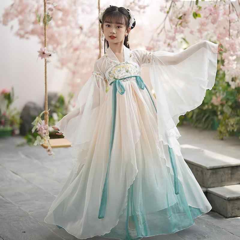 子供服 女の子 漢服 唐装 秋冬 薄手 古風 プリンセス風 花柄 グラデーション 襦裙 柔らか素材 リネンブレンド 演出服 イベント衣装 青緑色