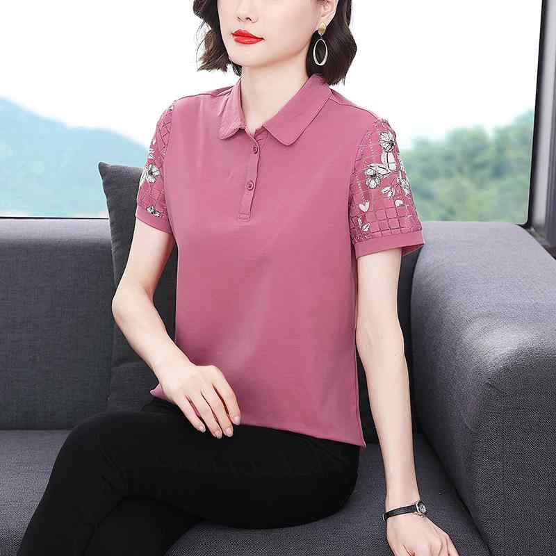 Tシャツ レディース ポロシャツ 半袖 メッシュ切り替え 花柄プリント ママ 体型カバー ゆったり 大きいサイズ コットン 夏 トップス カットソー カジュアル おしゃれ