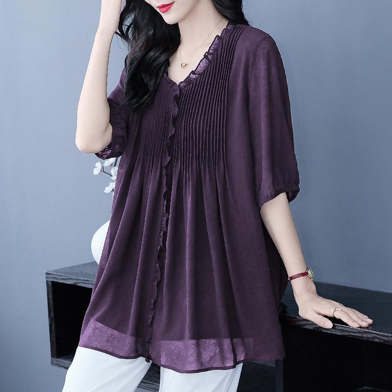 Tシャツ レディース 体型カバー 着痩せ 大きいサイズ ゆったり 半袖 プルオーバー 花柄 シフォン 上品 ミセス ママ ミドル丈 春夏 薄手